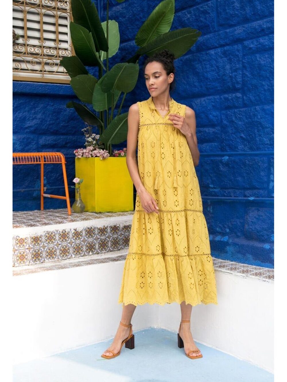 Chicwish Try To Be Boho Mustard Eyelet Embroidered Cotton Maxi Dress Size S-M